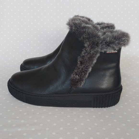 Mobils Elfia Black Smooth Leather Ankle Boots w/Faux Fur Trim Detail & Side Zip - Picture 7 of 11